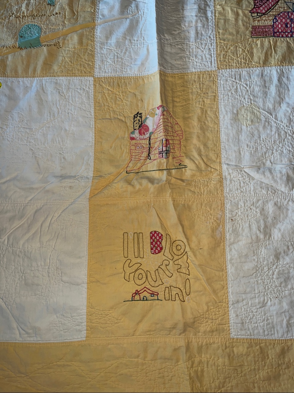 Antique embroidered patchwork handmade quilt 72” x 94” nursery rhyme